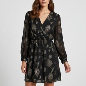 Express Metallic Floral Wrap Dress Women’s Size Medium Long Sleeve Black/Gold